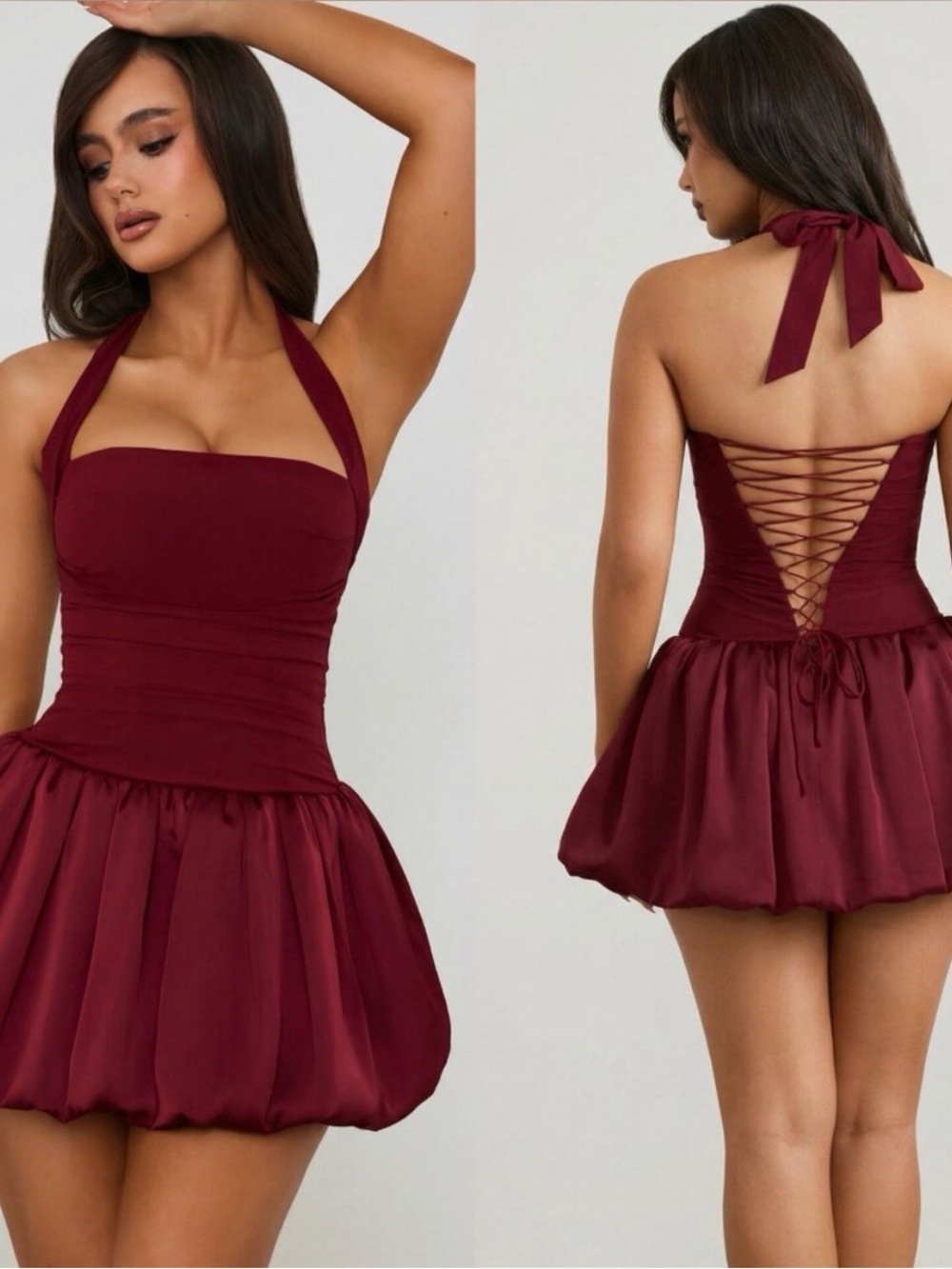 NWT Oh Polly Berry Red Halter Lace-Up Bubble Mini Dress Size 8